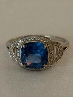 RJ 925 Sterling Silver Blue Gem Statement Cocktail Ring Size 10
